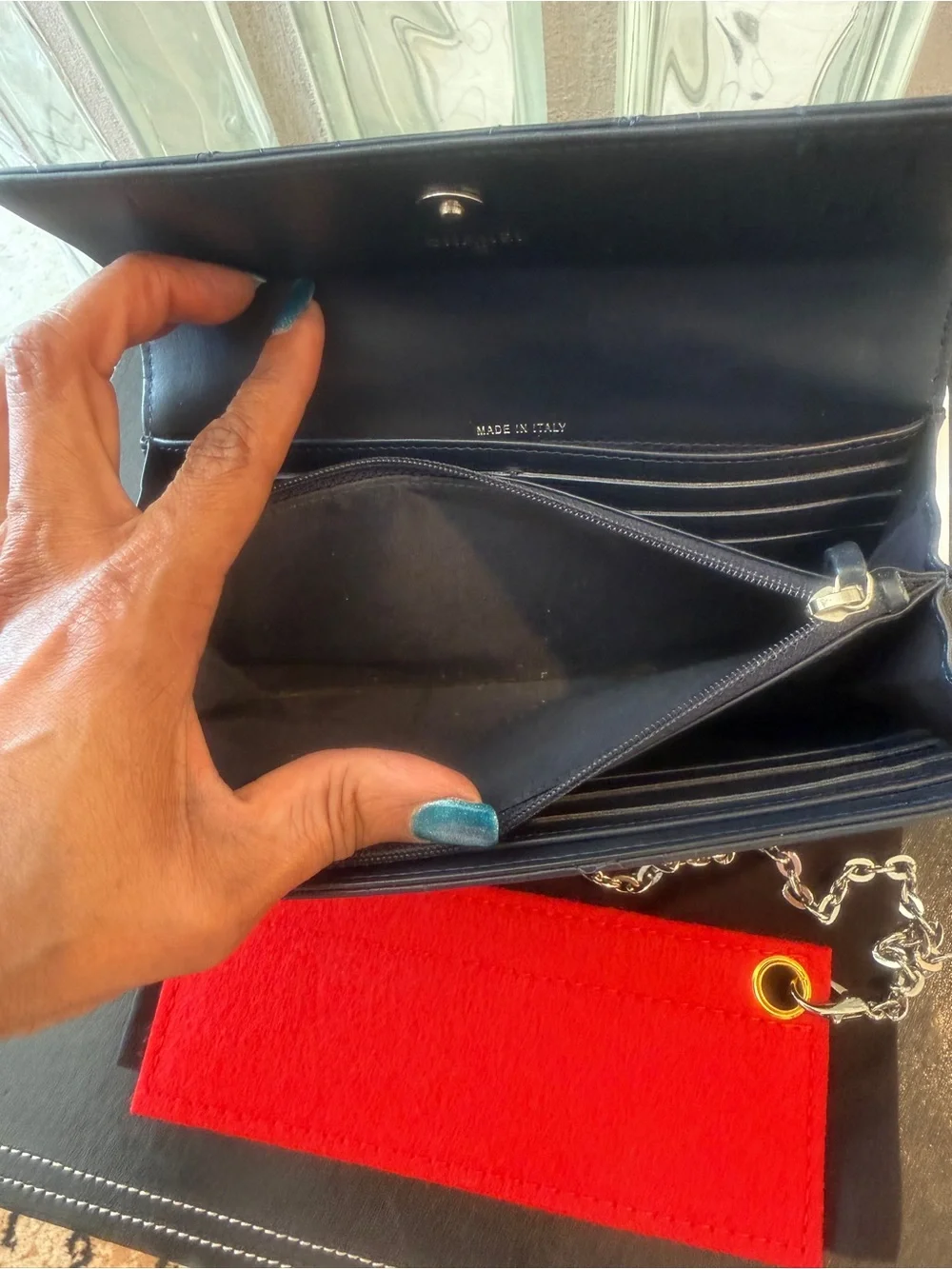 CHANEL Navy Blue Quilted Camellia Studded Leather Wallet, Unbranded Silver Chain